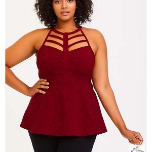 Torrid RED LEOPARD BENGALINE CAGED HIGH NECK PEPLUM TOP - size 3